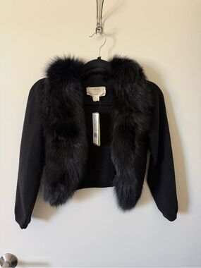 NWT Artelier Nicole Miller Black Faux Fur Trim Jacket